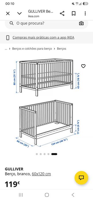 Berço bebe + 2 colchões (60 x 120) - Ikea Gulliver