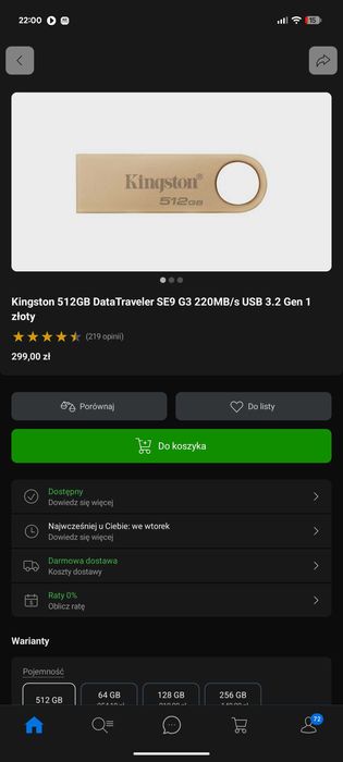 Kingston 512GB DataTraveler SE9 G5 220MB/s USB 3.2 Gen 3 50 mie gwaran