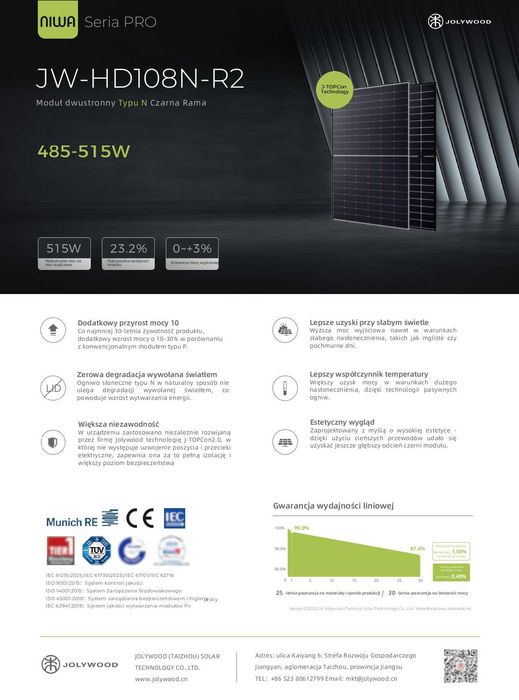 Panele Fotowoltaiczne JolyWood 500W JW-HD108N-R2 N-type Bifacial Dual-Glass Czarna Rama