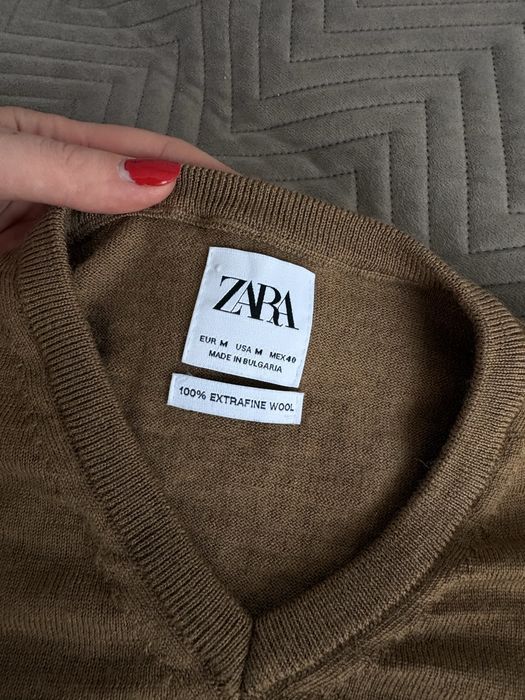 Brązowy sweter męski Zara M wełna 100% merino