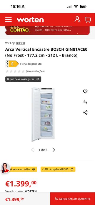 Arca Vertical Encastre BOSCH GIN81ACEO (No Frost - 177.2 cm - 212