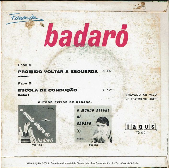 Badaró - Proibido voltar à esquerda  Tagus Disco EP 45 rpm -