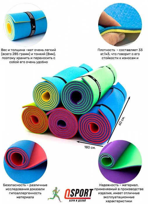 Спортивный коврик, каремат, мат для спорта, фитнеса, йоги, гимнастики