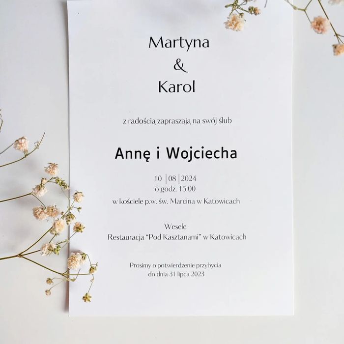 Zaproszenia ślubne na ślub minimalistyczne jedno kartkowe