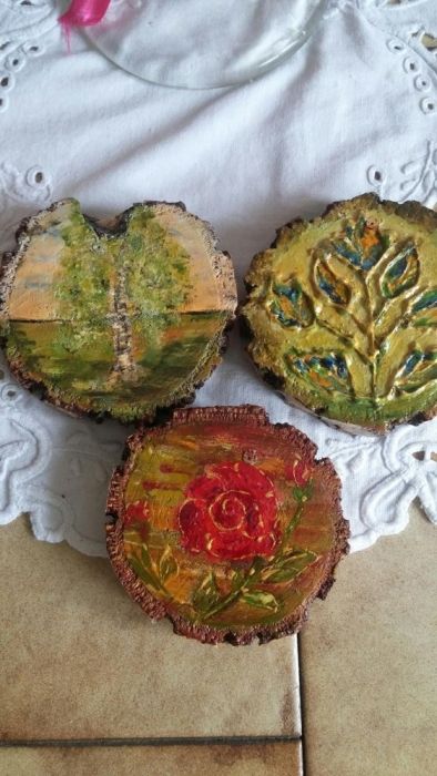 Ręcznie malowane na drewnie obrazki rękodzieło brzoza róża liście