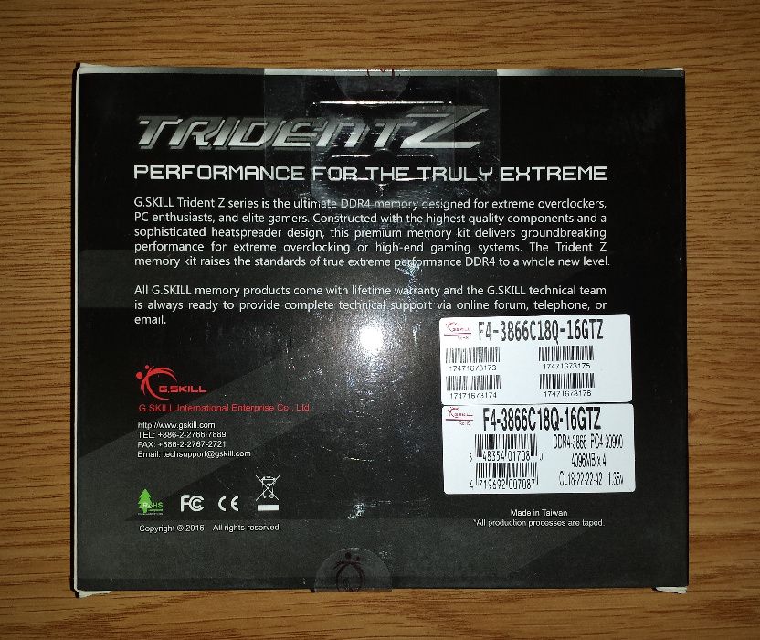 [NOVO] DDR4 (3866MHz) C18 G.Skill Trident Z - 16GB (4x4)64551667782531121