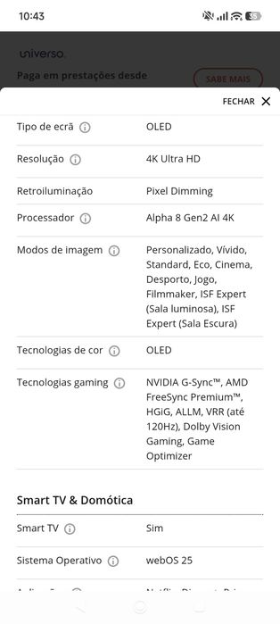 TV LG OLED 48B56LA como nova tem 1 mês