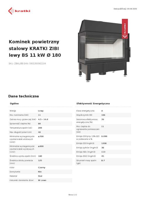 Kominek powietrzny stalowy KRATKI ZIBI 11 kW Lewy