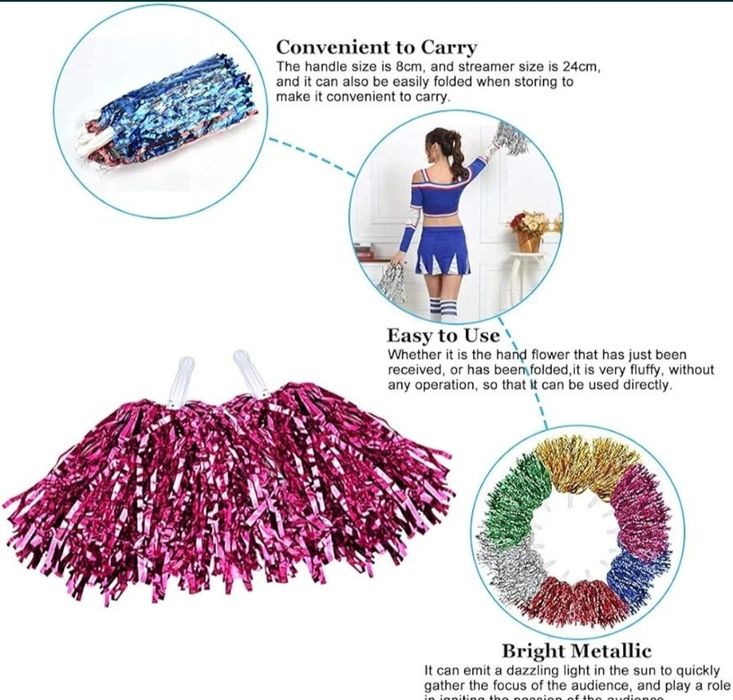 Pompony cheerleaderki kolorowe 12szt zestaw B330