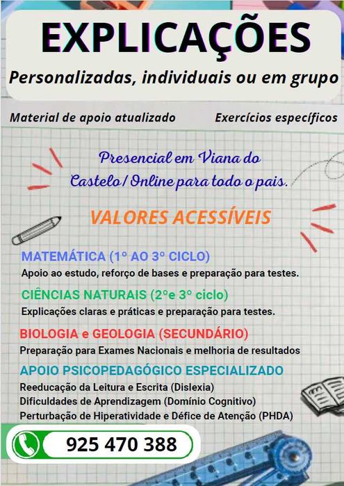 Explicações Biologia/Geologia; Matemática/Ciências Naturais- 3º Ciclo e Apoio Psicopedagógico Especializado