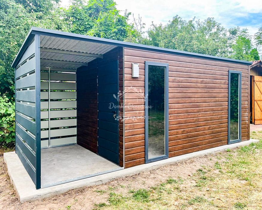 Domek Ogrodowy 4,5x2,5m + Wiata 1,5m Drewnopodobny antracyt ID802