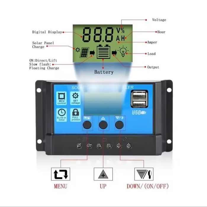 Regulator ładowania 20A PWM solar 12V 24V LCD USB Kampery