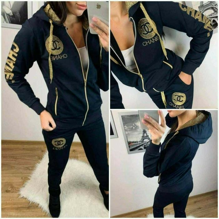 Elegancki Dres Damski / Komplet CHANEL Style – Ciemny Granat/Złoto