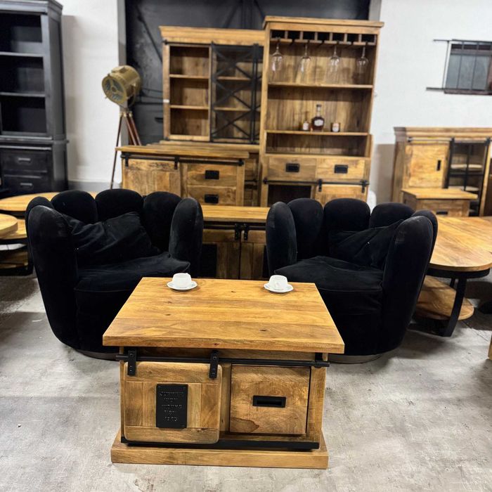 Piękny mały stolik kawowy do salonu z szufladą seria Works ZAPRASZAM