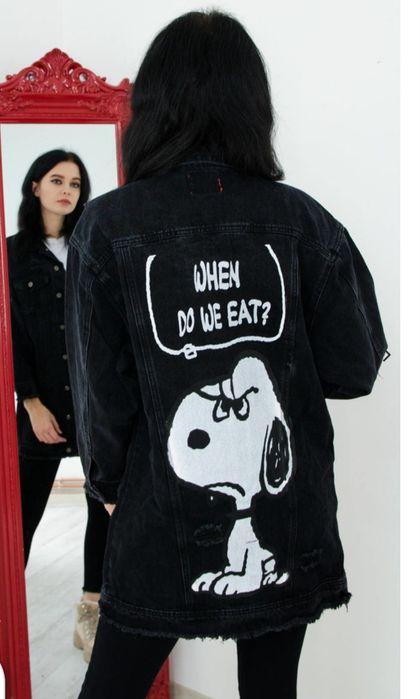 Kurtka jeansowa długa katana z nadrukiem na plecach Snoopy grunge rock