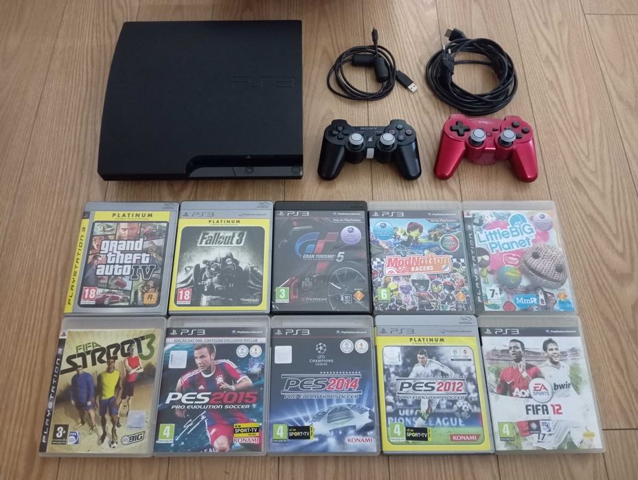 PS3 slim PlayStation 3, 2 comandos, 10 jogos (retomo jogos PS1 e PS2)