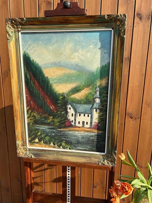 Kolorowy pejzaż z górami i starym budynkiem obraz #9088 Stylowy Węgrów