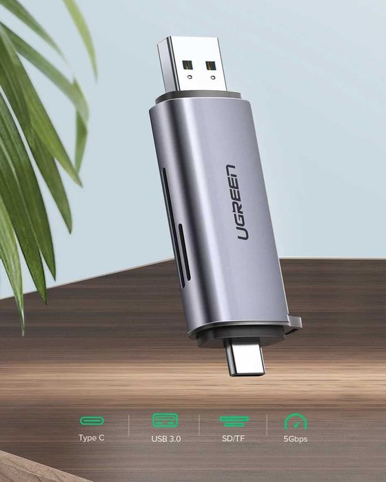 Кардрiдер 2в1 UGREEN CM185 USB-C/USB-A Card Reader (50706) SD/TF card