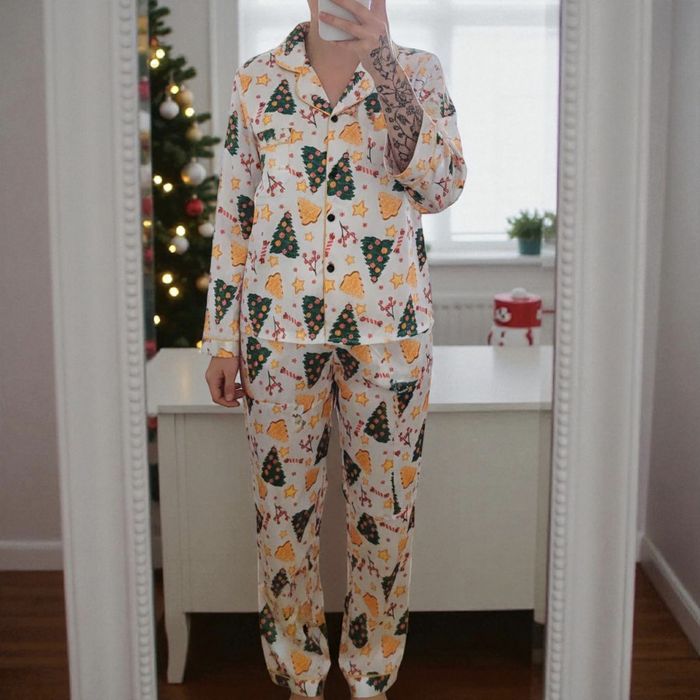 Świąteczny komplet piżam dwuczęściowy satynowy nowy damski