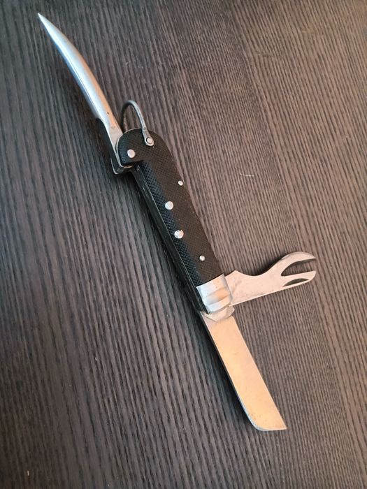 Faca / navalha antiga com lâmina, abre latas e tira nós