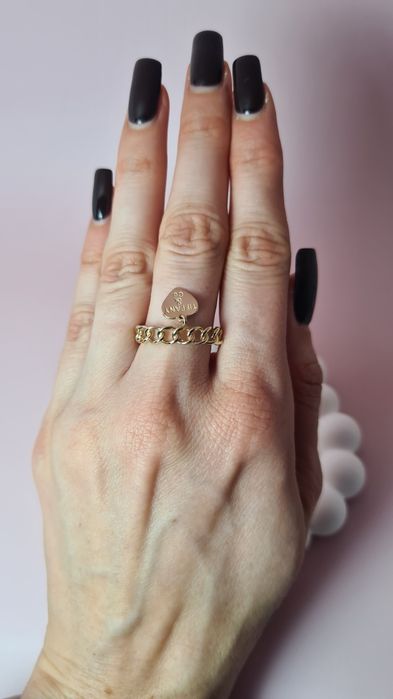 Złoty pierścionek obrączka splot pancerka wiszące serce serduszko 585