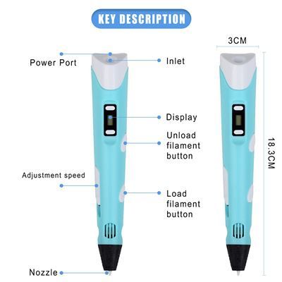 Caneta de impressão 3D c/ ecrã 1.75mm PLA/ABS (5V-USB) - azul
