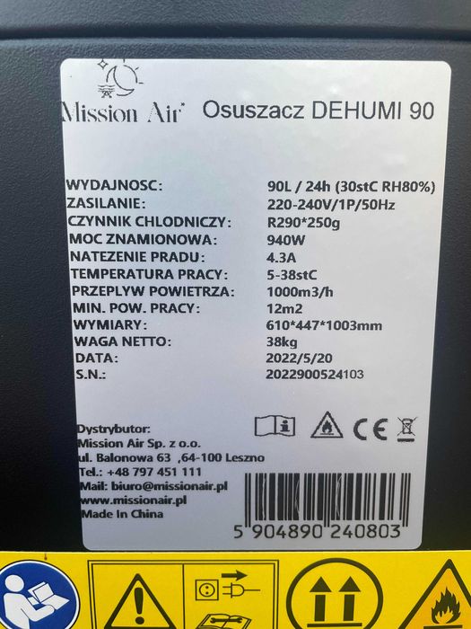 Osuszacz powietrza, osuszanie, wynajem osuszacza / osuszaczy. 90L/24 h