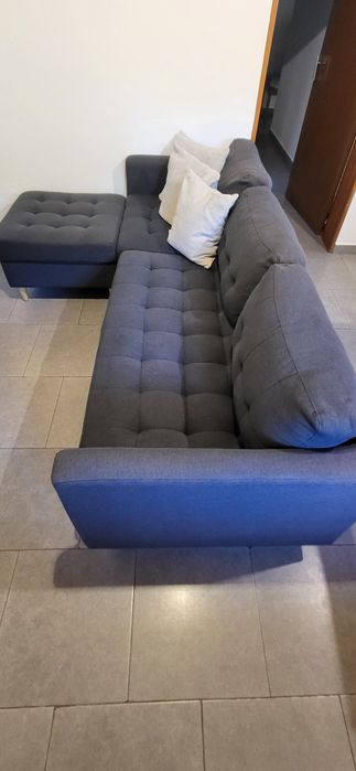 Sofá 3 Lugares Cinza + Puff/Chaise Longue – Muito Bom Estado