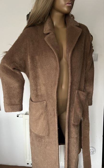 Zara płaszcz karmelowy brązowy długi S capucino oversize wiązany