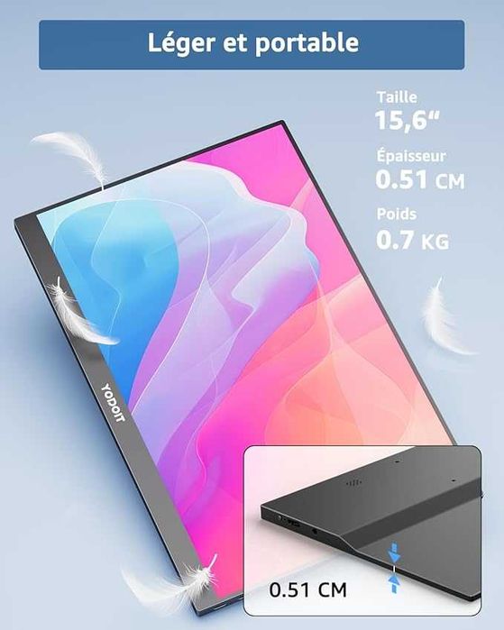 Yodoit Przenośny monitor, 15,6-calowy wyświetlacz IPS 1920 × 1080P FHD