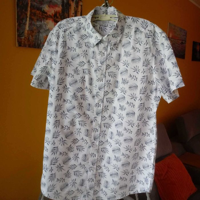 Koszula męska biała z nadrukiem w liście, krótki rękaw, rozmiar M