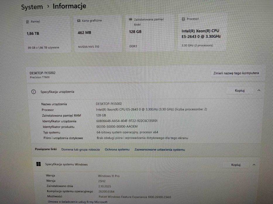 Dell Precision T7600 • 2×Xeon • 128GB RAM • 5×SSD RAID5 • Win11 Pro PL