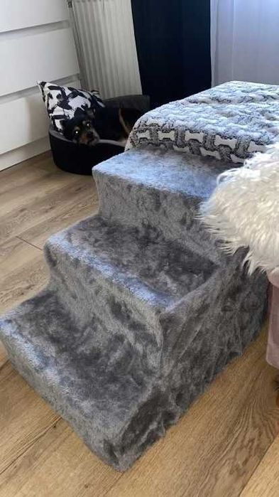 NOWE Schody Dla Psa Kota 3 Stopnie Szare Pluszowe Schodki - HIT