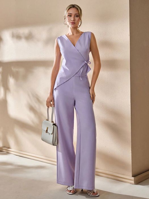 Komplet damski elegancki top z wiązaniem i spodnie fioletowy L 40