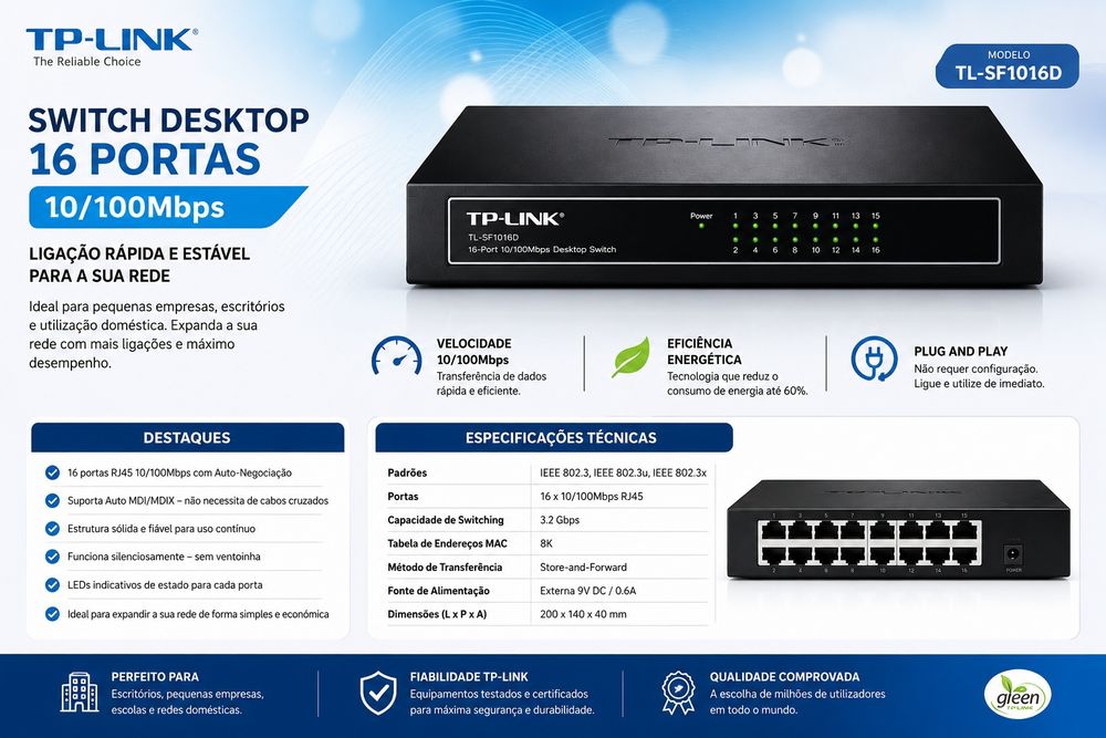 Switch TP-Link TL-SF1016D 16 Portas FastEthernet – Como Novo