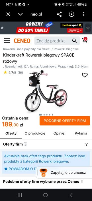 Dwa  rowery biegowe caribo i kinderkraft