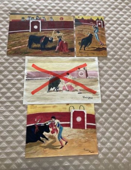 Set of 9 Watercolors and Oil Paintings on Bullfighting – 1990s