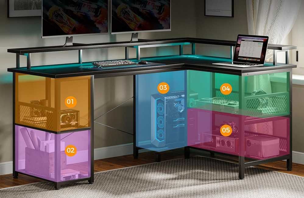 Mesa de gaming de canto [2 tamanhos] USB, tomadas e armazenamento NOVO