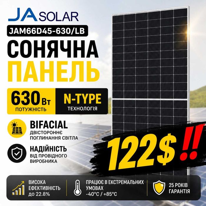 ‼️122$‼️Сонячна солнечная панель JA Solar 630 Вт N-Type Bifacial