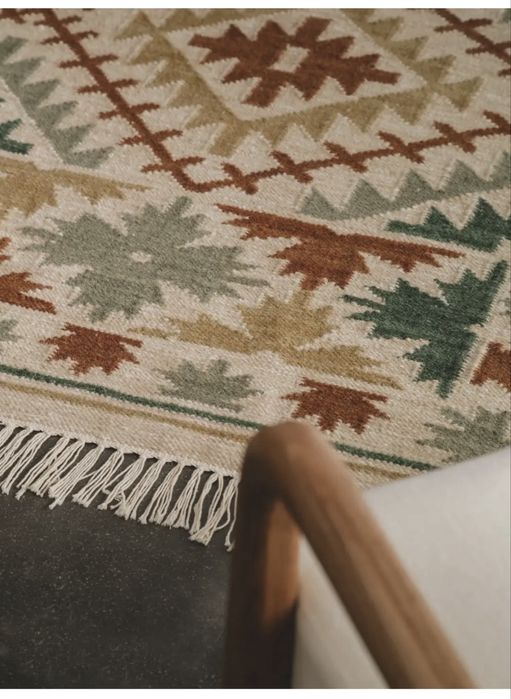 Recznie tkany na płasko wełniany dywan kilim 230x160 art deco, boho, mid century modern, etno