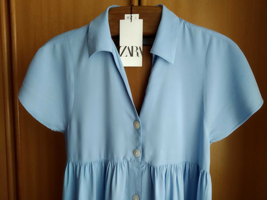 (NOVO C/ ETIQUETA, PORTES GRÁTIS) ZARA: Vestido Comprido Azul Abotoado