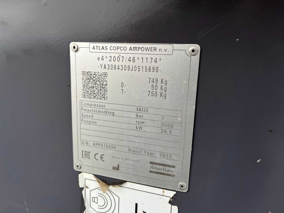 Kompresor przewoźny sprężarka Atlas Copco XAS68, 2018r, zarejstrowany