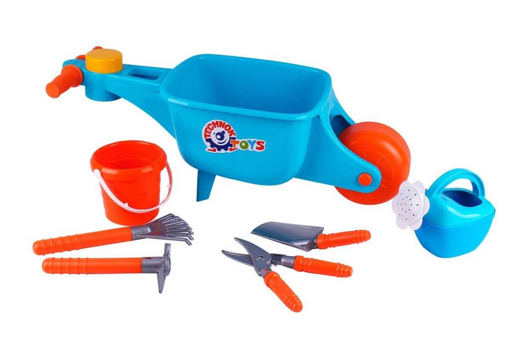 Тачка з набором садівника Технок 8485 :лійка, відерко, секатор, совок