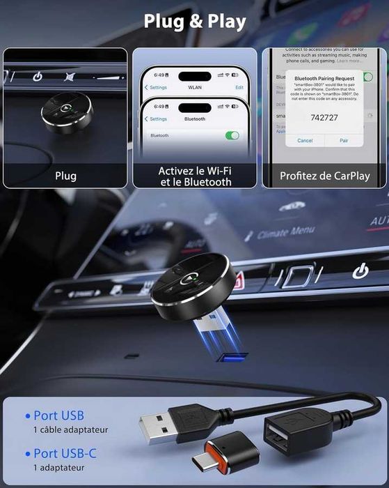 CarPlay Bezprzewodowy Adapter Apple  Android Auto USB-A / USB-C, Bluetooth 5.4