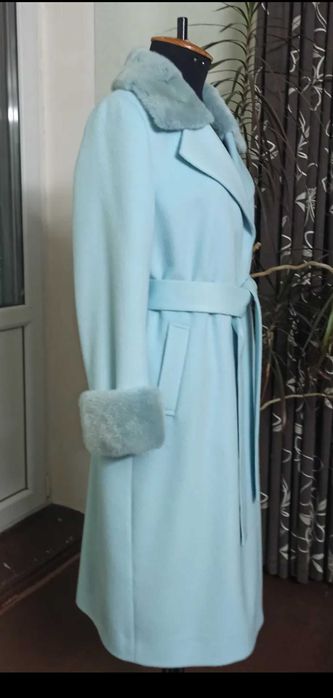 Пальто кашемир шерсть с норкой 46-52 р. Цвет Тиффани