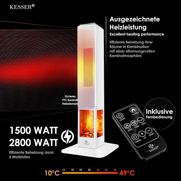 Termowentylator kolumnowy z funkcją kominka elektrycznego+ pilot