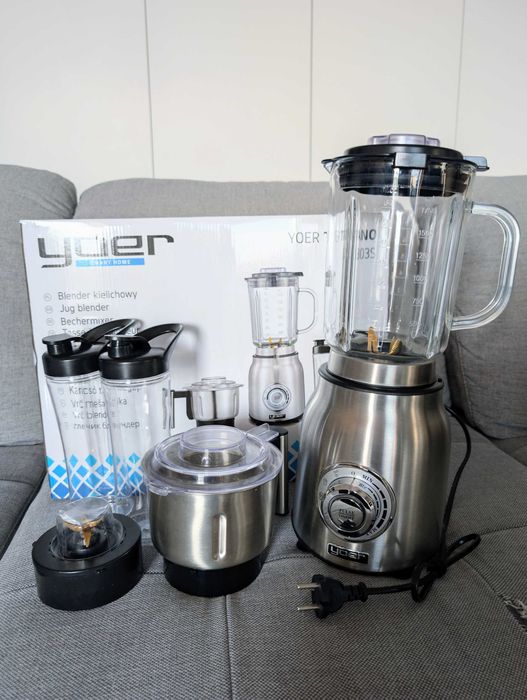 Blender kielichowy YOER szklany 4w1 młynek bidony 2,4L 1800W stal INOX