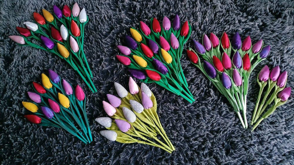 PROMOCJA Nowe Tulipany z materiału, Glamour, błyszczące, kolorowe. PRE