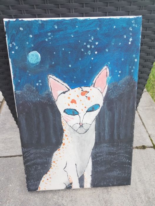 Obraz na płótnie 30x20 cm. Biały kot nocą farby tempera i plakatowe