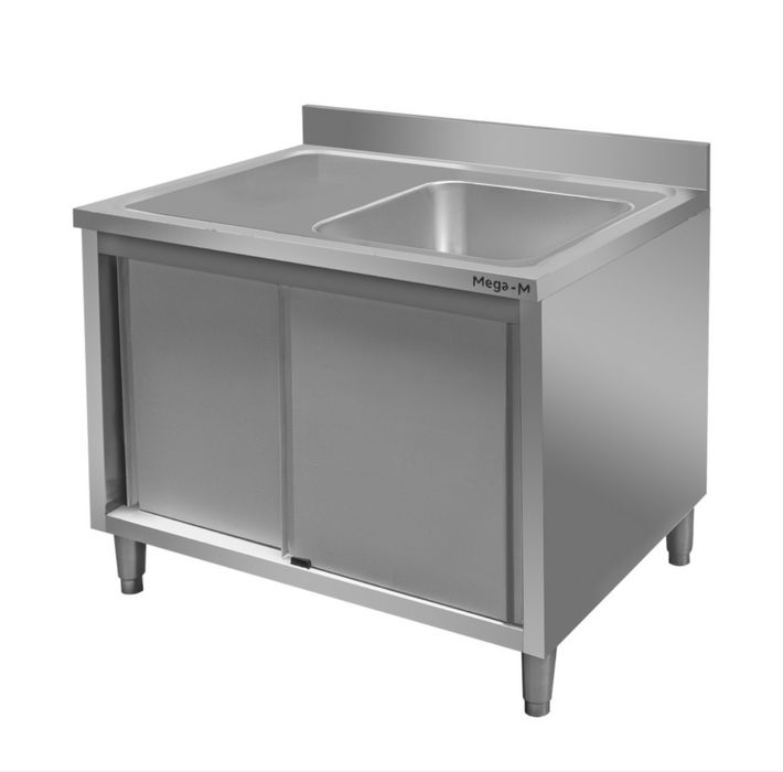 Zlew gastronomiczny spawany z komorą po prawej stronie i szafką Mega-M 100x70x85 cm stal nierdzewna